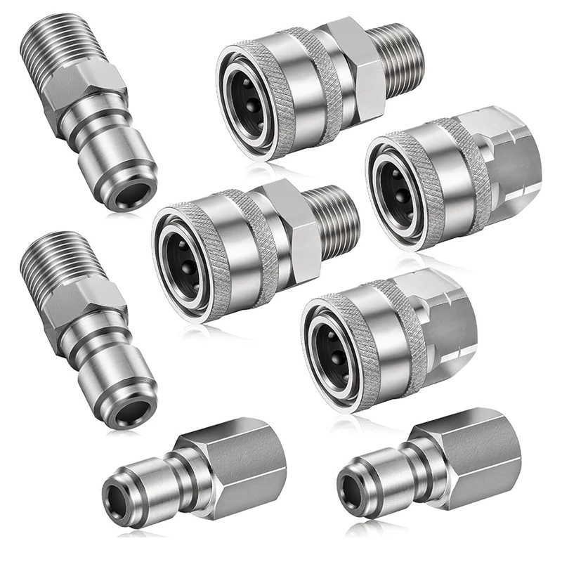 

8PCS Silver Stainless Steel Male Female Quick Connector Pressure Washer Adapters NPT 3/8 Inch (Internal & External Thread)