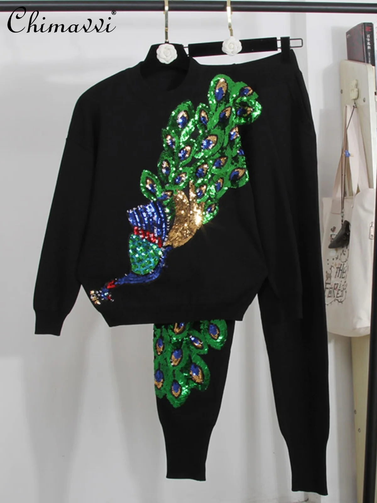 2024 Spring New Women's European Sequins Peacock Embroidery Long Sleeve Pullover Sweater Pants Knitted Ladies Two-Piece Set