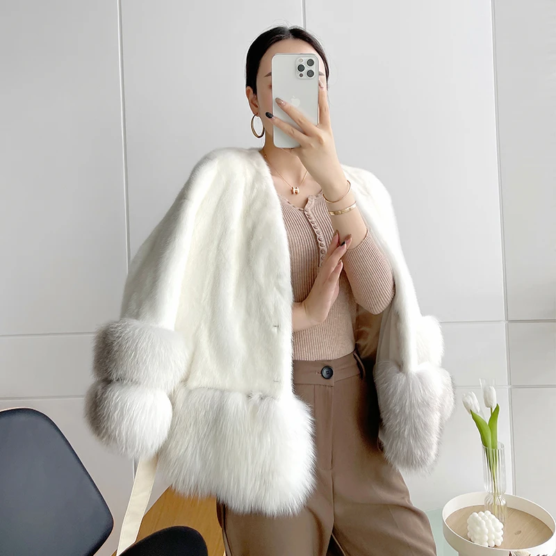 HDHOHR 2024 Winter New Real Fur Coats Women Natural Mink Fur Coats With Real Fox fur Warm Short Mink Fur Jackets For Female