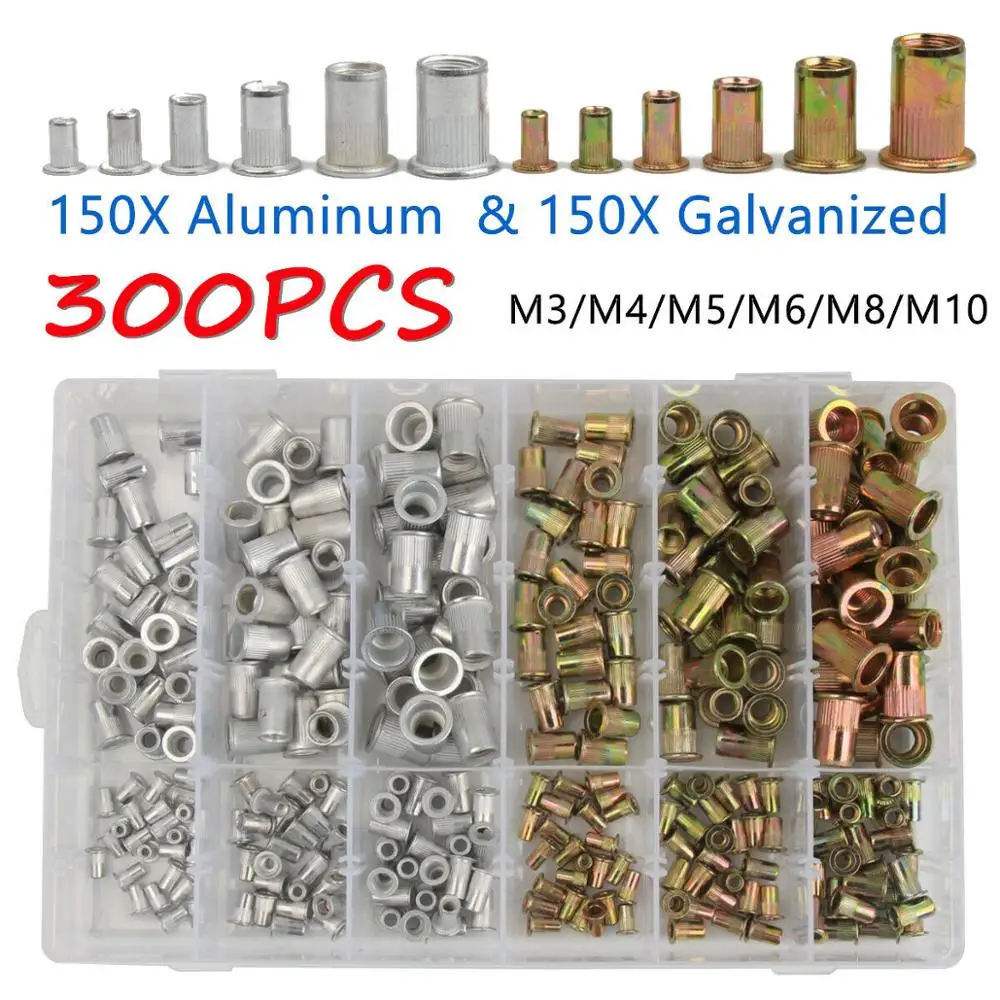 300pcs-m3-m4-m5-m6-m8-m10-rivet-nuts-set-zinc-plated-nutserts-threaded-insert-nutsert-cap-flat-head-rivet-nuts-carbon-steel