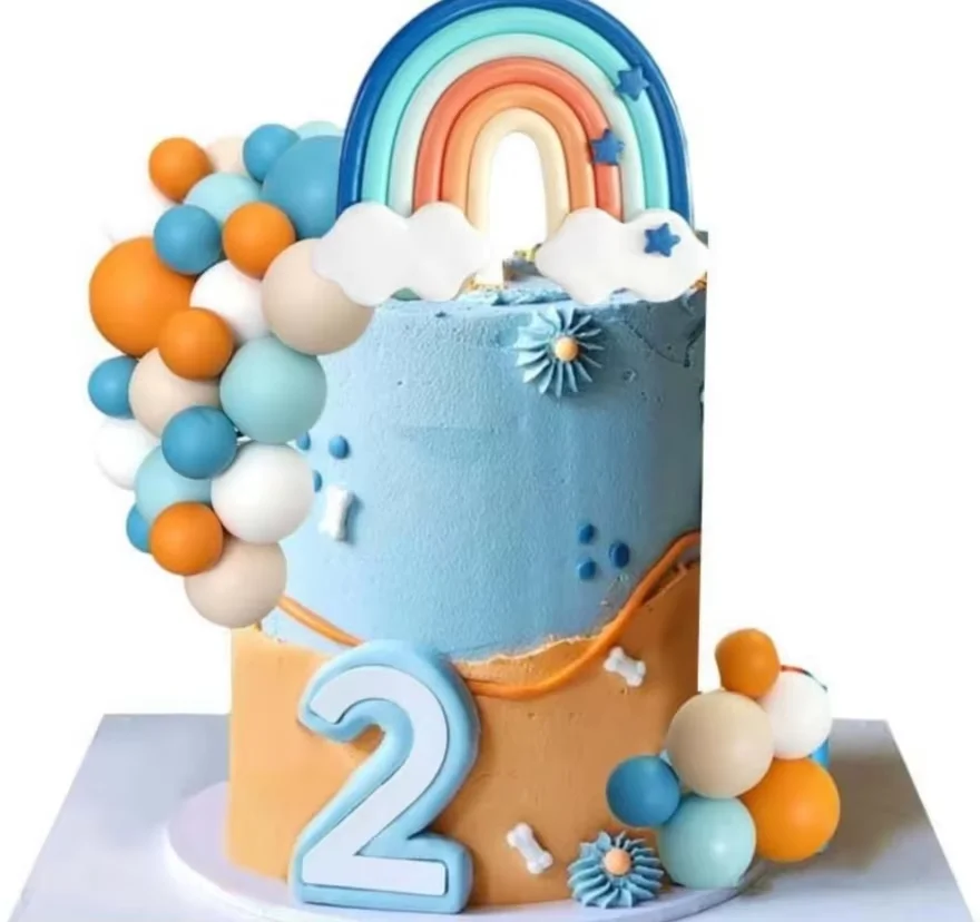 14 Stück blaue Regenbogen-Kuchenaufsätze mit orange-weißen Kugeln für Hundeburtstagstorte, Dekorationen, Babyparty, Partyzubehör – Detail 2