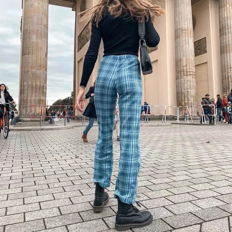 Women Harajuku Retro Plaid Pants Fashion High Waist Straight Pant Women Vintage Trousers Checkered Sweatpant Streetwear Girls