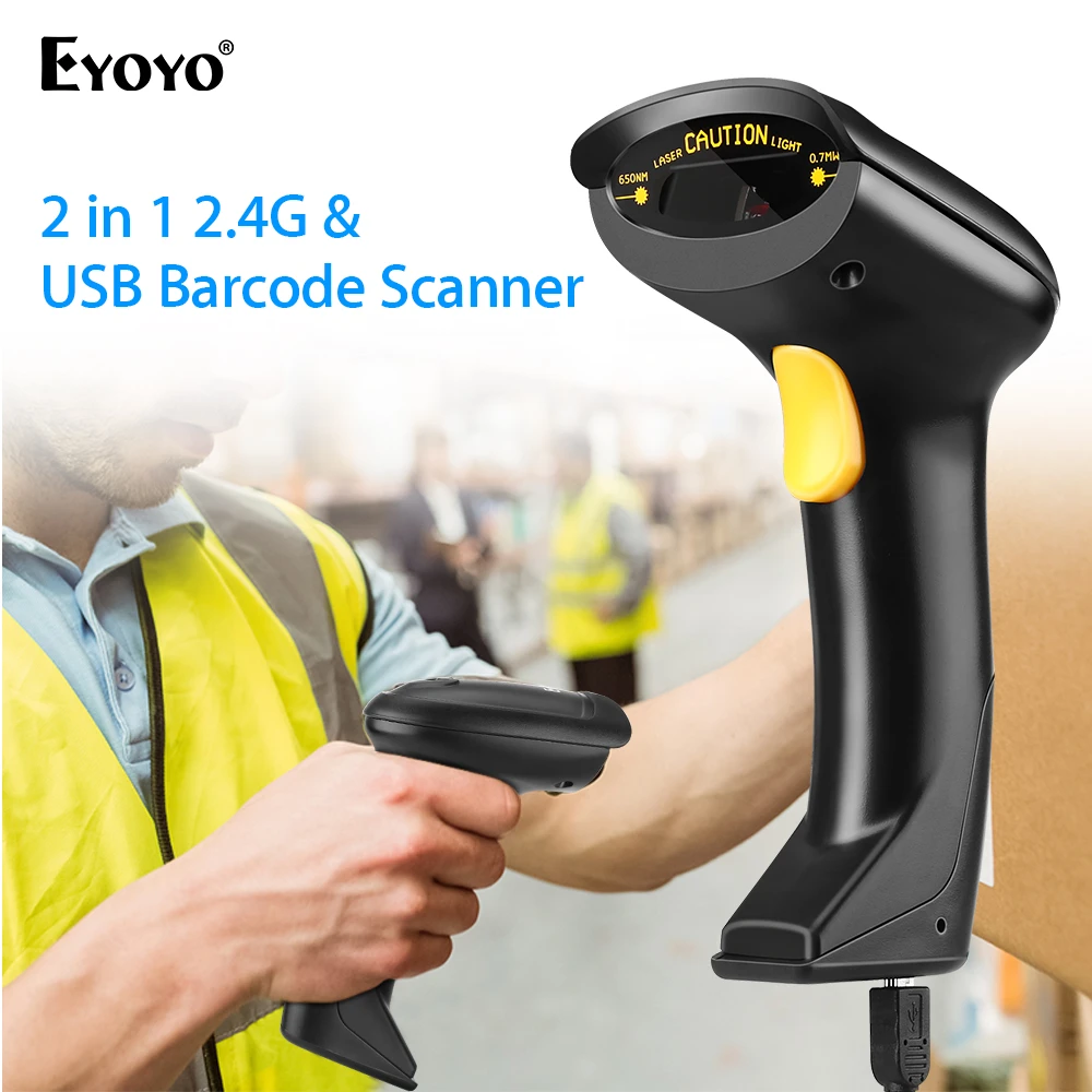 Eyoyo Wireless 1D Barcode Scanner, Handheld 2-in-1 2.4GHz Wireless & USB Wired Connection Barcode Reader 1D Image Scanner with U