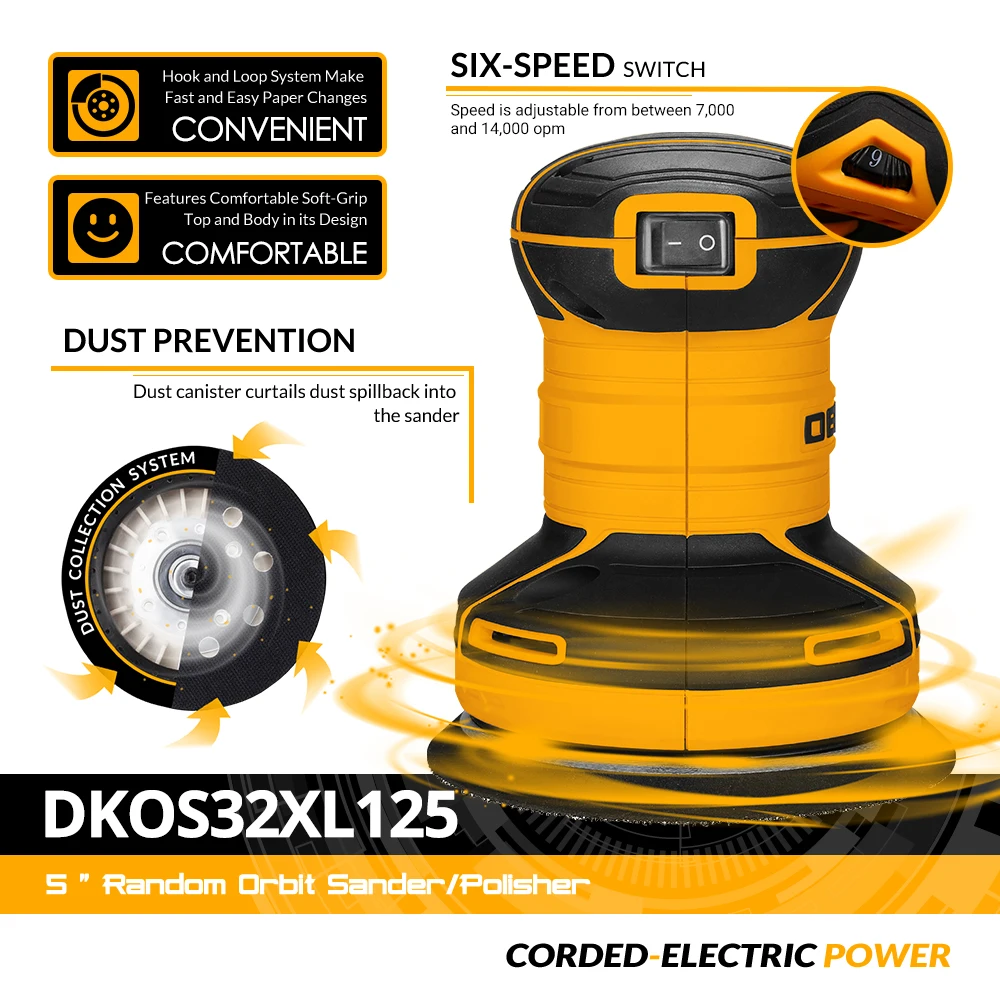 DEKO DKOS32XL125 320W Speed 14000pm Random Orbit Sander  Home DIY Carpenter Strong Dust Collection Polisher 2