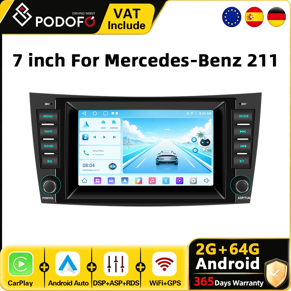 Radio de coche Podofo de 7 pulgadas y 2 Din con sistema Android para Mercedes-Benz Clase E W211 2002-2009 E320 E220 E350 Clase CLS W219, reproductor de coche con GPS, navegación, WiFi, sistema inteligente para coche, CarPlay, Android Auto, BT, estéreo para coche 1