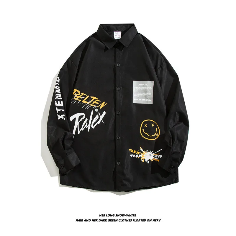 American Style High Street Graffiti Printing Long Sleeved Shirt Men 2024 Spring Letter Loose Casual Popularity All-match Coat