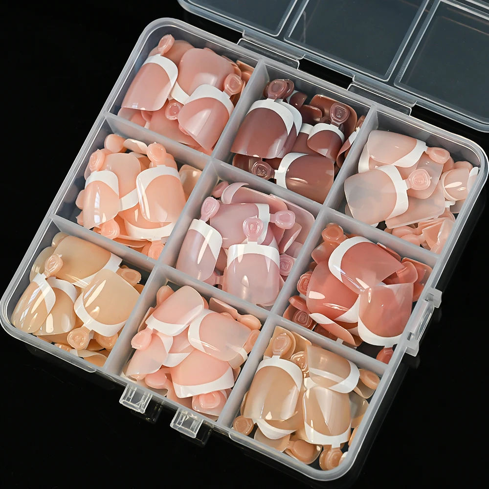 False Toenail 216/120Pcs French Press 9Colors Short Square Glossy Nude/Pink/Brown for Summer DIY Foot