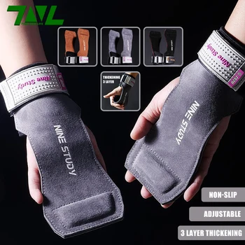1 Pair Premium Anti-Slip Lifting Straps Grips Fitness Gloves for Gym Training Deadlifting Bodybuilding 3 layer Leather