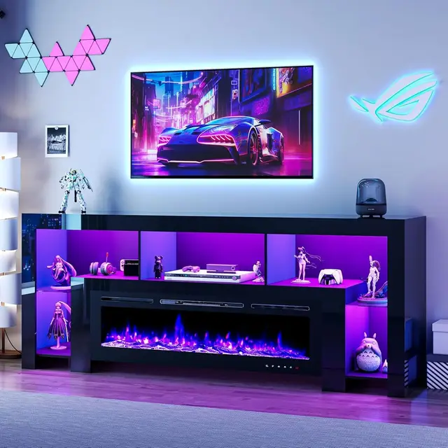 94.5 Electric iReplace TV Stand for 50-100 TVs, High Gloss Black Entertainment Center with LED Lights and Charging Station