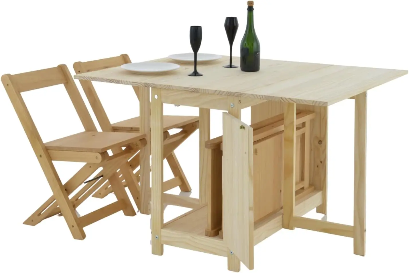 Solid, Natural, Unfinished Wood Folding Dining Table &Chair Set - Drop Leaf Design - Space-Saving Kitchen Table Set with Storage