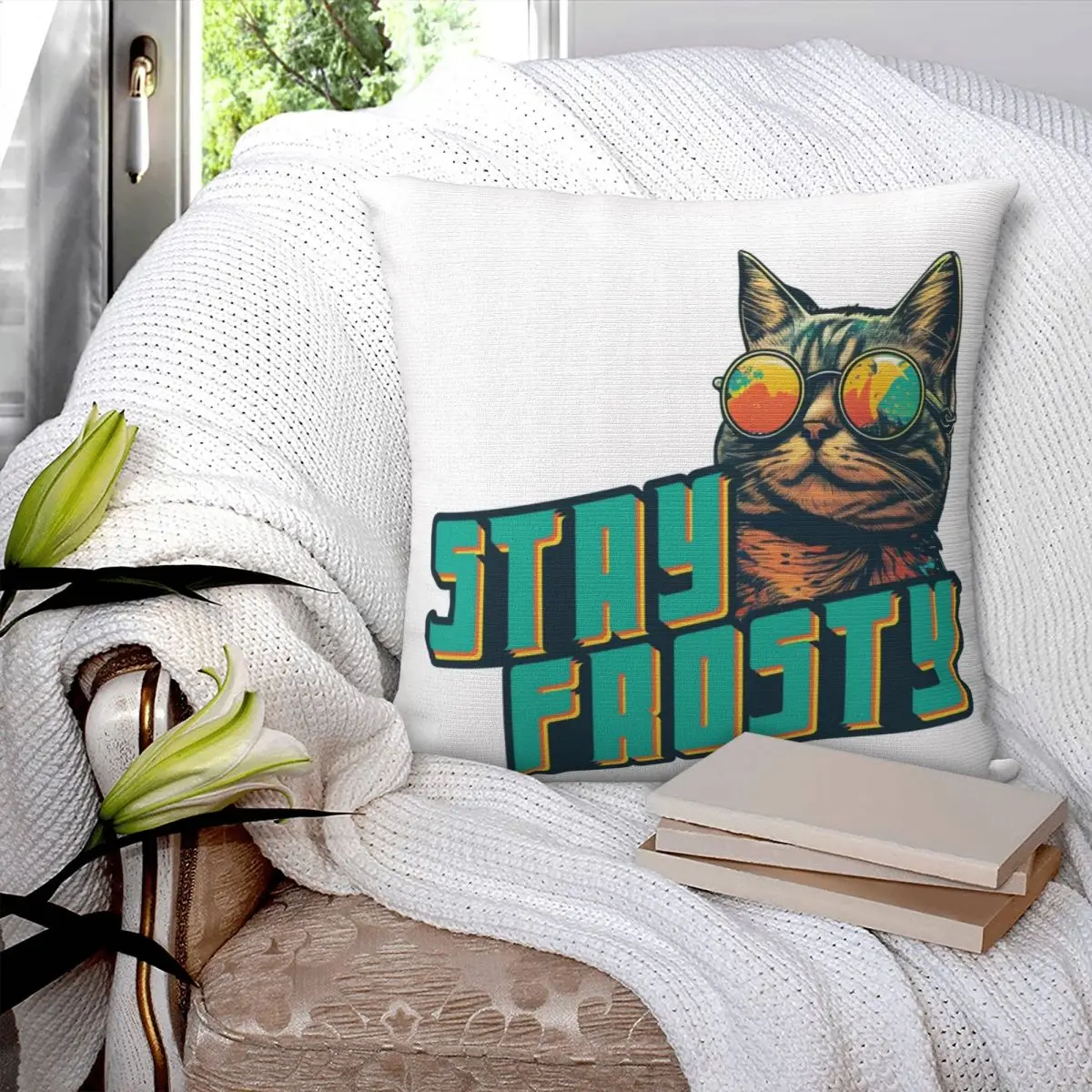 

Stay Frosty Retro Cat Square Pillowcase Pillow Cover Polyester Cushion Zip Decorative Comfort Throw Pillow for Home Bedroom