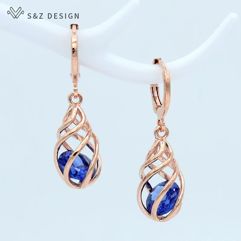 S&Z DESIGN New Trendy 585 Rose Gold Color Cubic Zirconia Spiral Hollow Water Drop Dangle Earrings For Women Gift Jewelry
