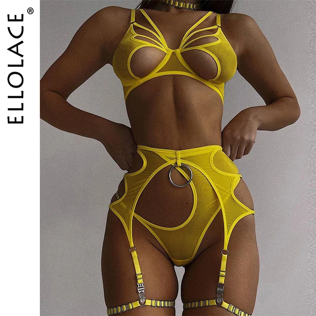 Ellolace Sexy Lingerie Cut Out Bra Erotic Brief Sets 4-Pieces Sensual Fancy Underwear Garters G-Strings Thongs Lace Exotic Set 1