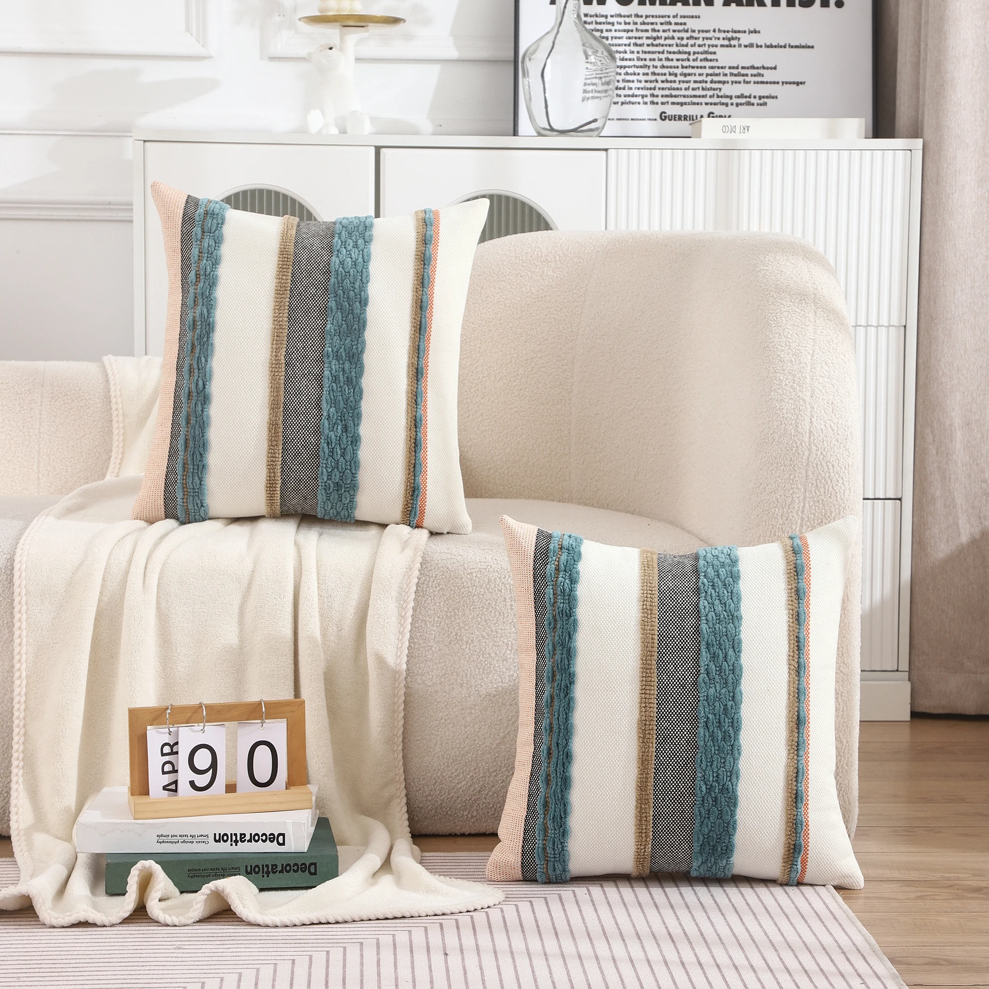 Boho Striped Chenille Throw Pillow Cover (18x18 Inch) - Decorative Square Cushion Cover