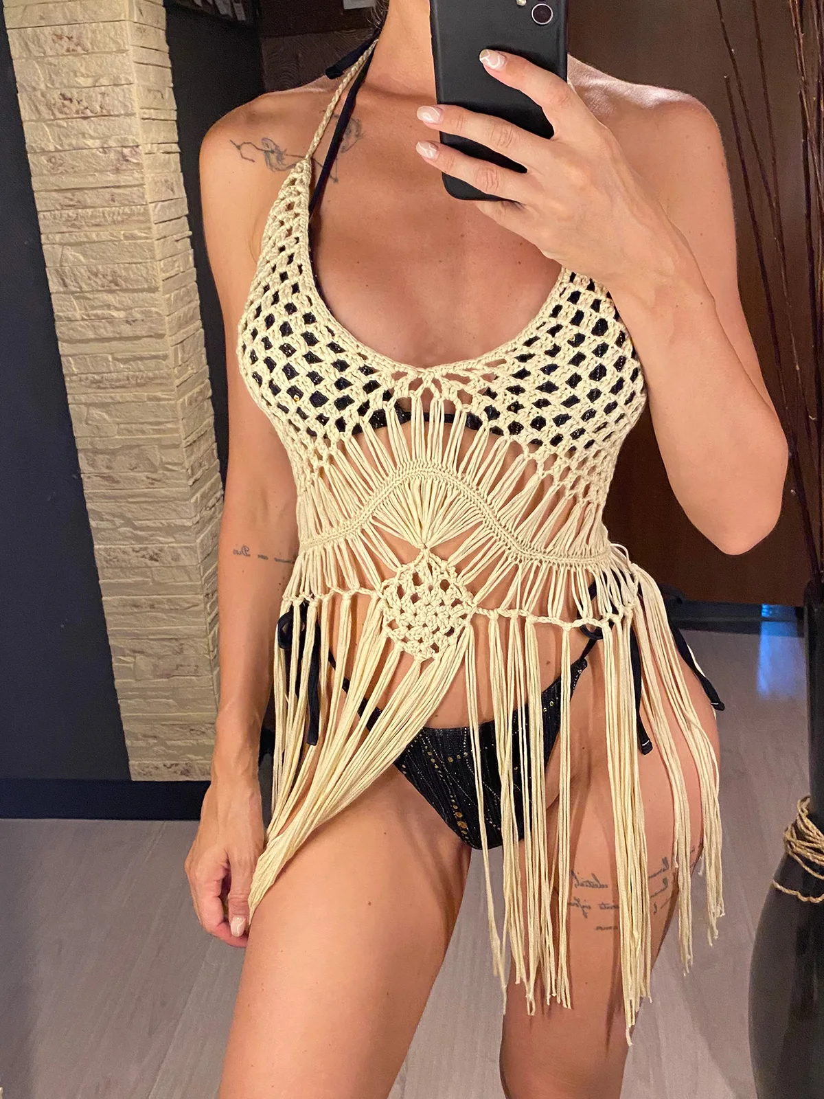 Sexy Long Fringe Tassel Crochet Knitted Tunic Top Beach Dress Beach Wear Beachwear Beach Cover Up Cover-upsFemale Women V5573 3
