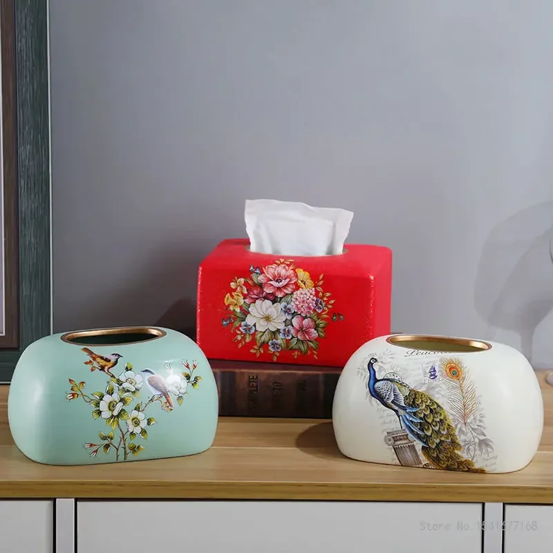 Flower and Bird pattern ceramic tissue box, European modern storage box, for home, bedroom, living room, dining room, 1pc