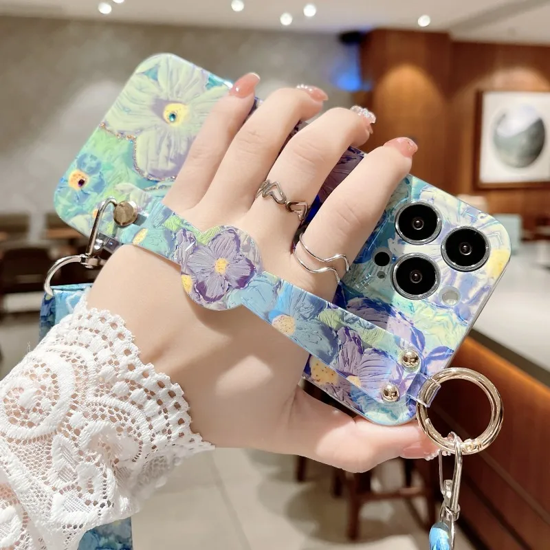 Crossbody Strap Case Samsung Galaxy S24 Ultra S21 FE S22 Plus Note 20 S23 FE Blue Ray Rhinestone Oil Painting Flower Cover phone case