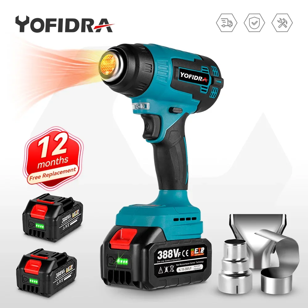 Yofidra pistol panas listrik 2000W, untuk Makita 18V baterai tanpa kabel genggam pistol udara panas dengan 3 nozel industri pengering rambut rumah