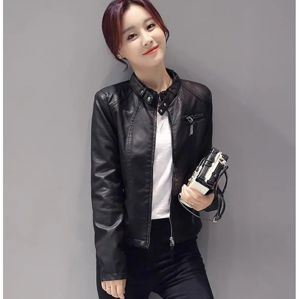 Long sleeved short washed slim fit 2024 spring and autumn zipper stand collar commuting PU leather jacket_voghion.com