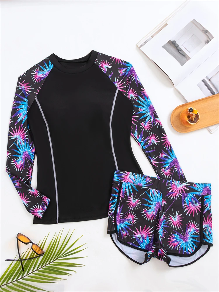 Two Piece Swimsuit Women 2024 New Solid Print Long Sleeves Swimwear Summer Tankini Shorts Split Beach Wear Bathing Suit Female Beach cover-ups Beachwear