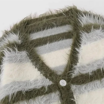 Striped Plush V-neck Sweater Men's Loose Casual Brushed Knit Trendy Couple Versatile Comfortable Harajuku High Street Cardigan - Image 5