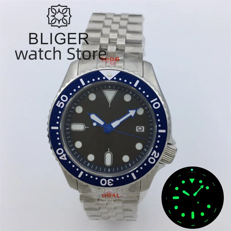 BLIGER/nologo 41mm 3.8 Crown NH35A Automatic Diving Watch For Men Sapphire Crystal C3 Luminous Date Stainless Steel Bracelet