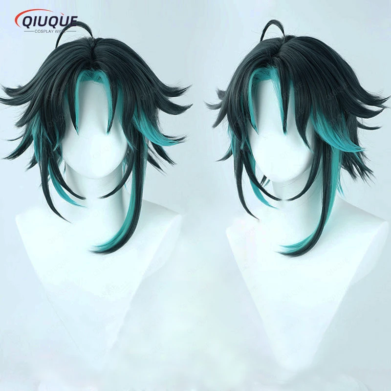 

Game Impact Xiao Cosplay Wig Short Mixed Dark Green Blue Heat Resistant Synthetic Hair Halloween Role Play Wigs +Wig Cap