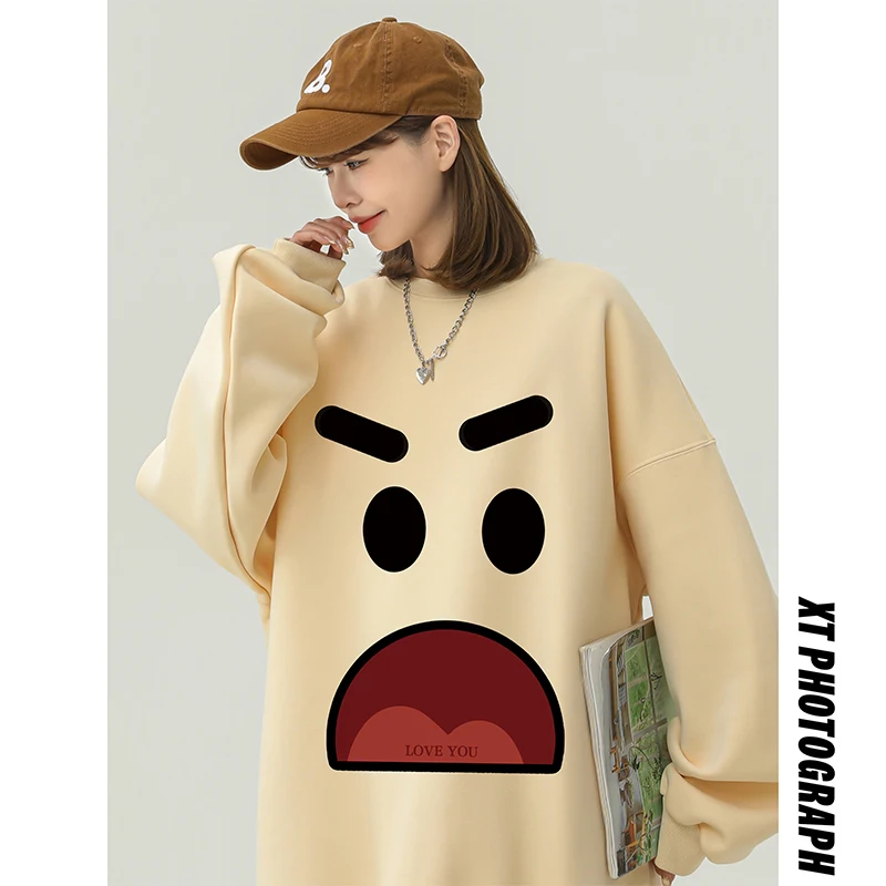 

Autumn and Winter New Hatless Round Neck Sweatshirt Men and Women Casual Expression Print Loose Couple Trend Top Coat