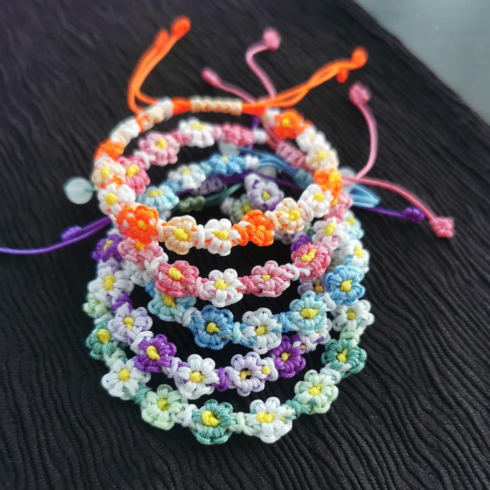 Spring Flower Bracelet Handmade Rope Knot Charm Sweet Romantic Blossoms Daisies Friendship Birthday Girlfriend Couple Gift