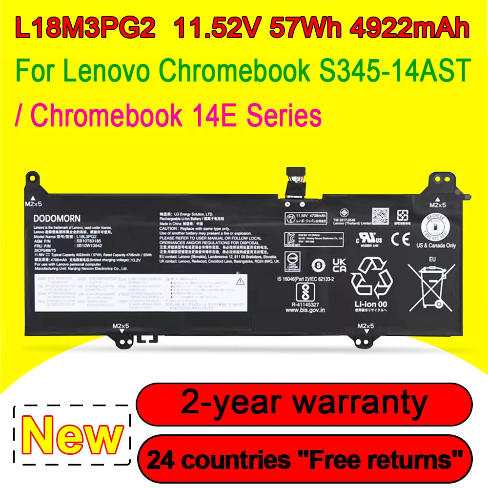 

Аккумулятор L18M3PG2 для ноутбука Lenovo Chromebook S345-14AST 14E Series L18D3PG2 L18L3PG2 5B10T04979 5B10T04980 11,52 в 57Wh 4922 мАч