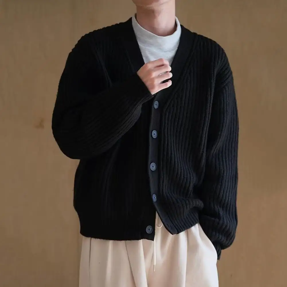 Description Picture 5 of itemKnitted Cardigan Men's Thick Knitted V Neck Cardigan Sweater Coat for Winter Fall Single-breasted Buttons Long Sleeve Solid