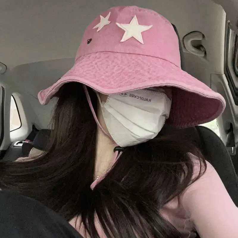 Hot Sale Punk Stars Bucket New Summer Y2K Star Pink Retro Big Brim Outdoors Sun Protection Girl Cowboy Hat Casual Jazz Cap_senzul.com