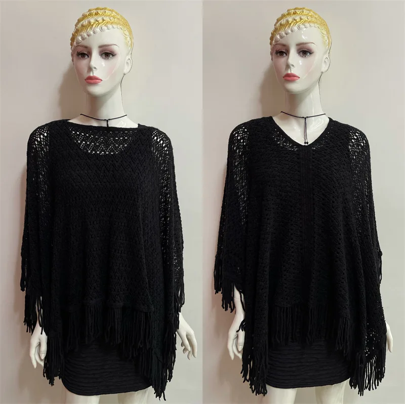 2022 Spring Hanging Dyed Shawl  Tassels On Four Sides Gradient Color Wavy Pattern Loose Large Knitted Hollow Pullover Black 2022 spring hanging dyed shawl tassels on four sides gradient color wavy pattern loose large knitted hollow pullover coffee