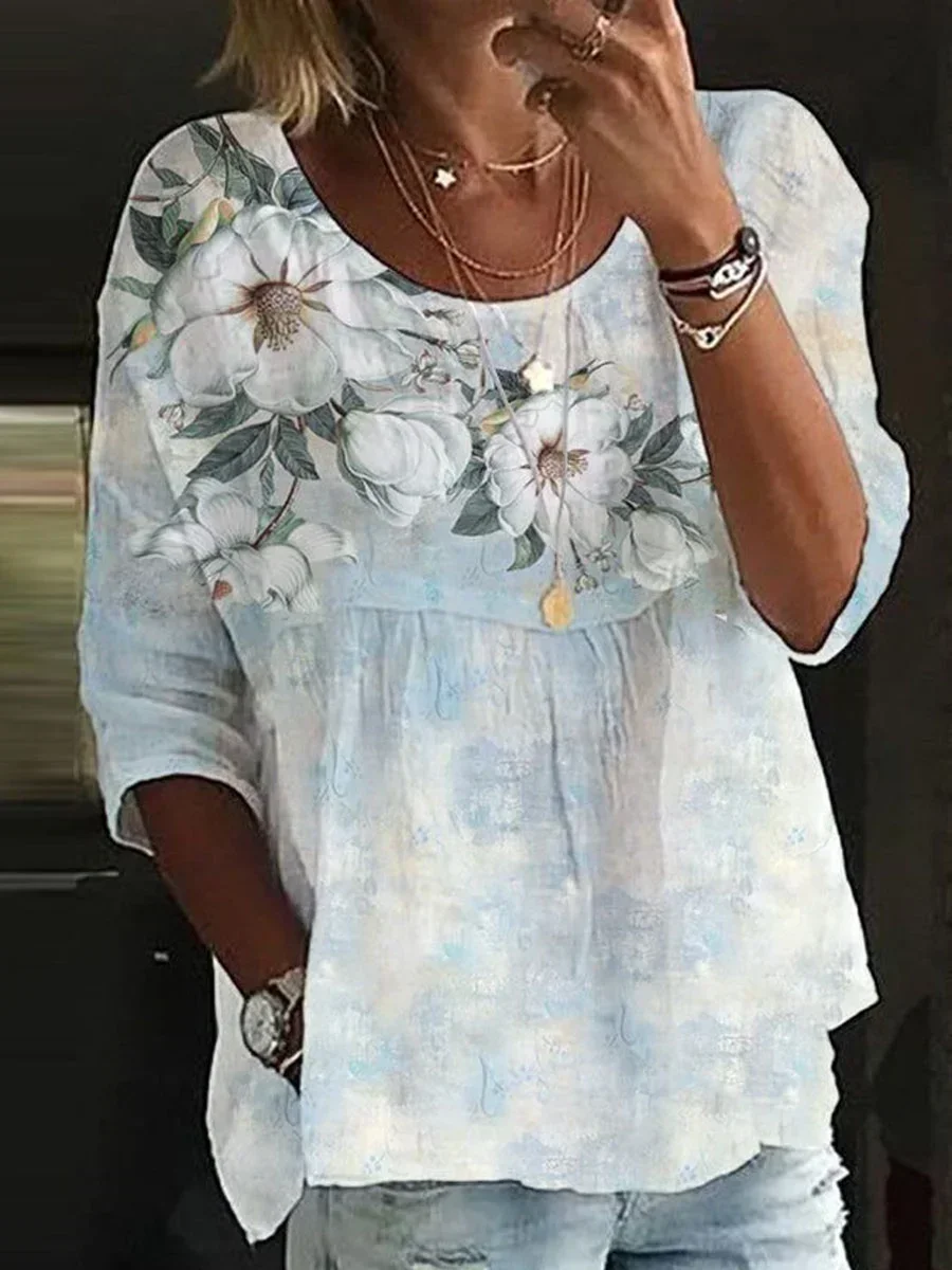 New Fashion Loose Shirt Woman Elegant Round-Neck Woman Shirt Printed Casual Woman Shirt Holiday Weekend Top2024