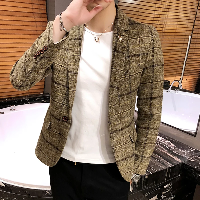 Men Checked Suit Jacket Spring New Linen Slim One-button Business Casual Large M-5XL mens blazer
