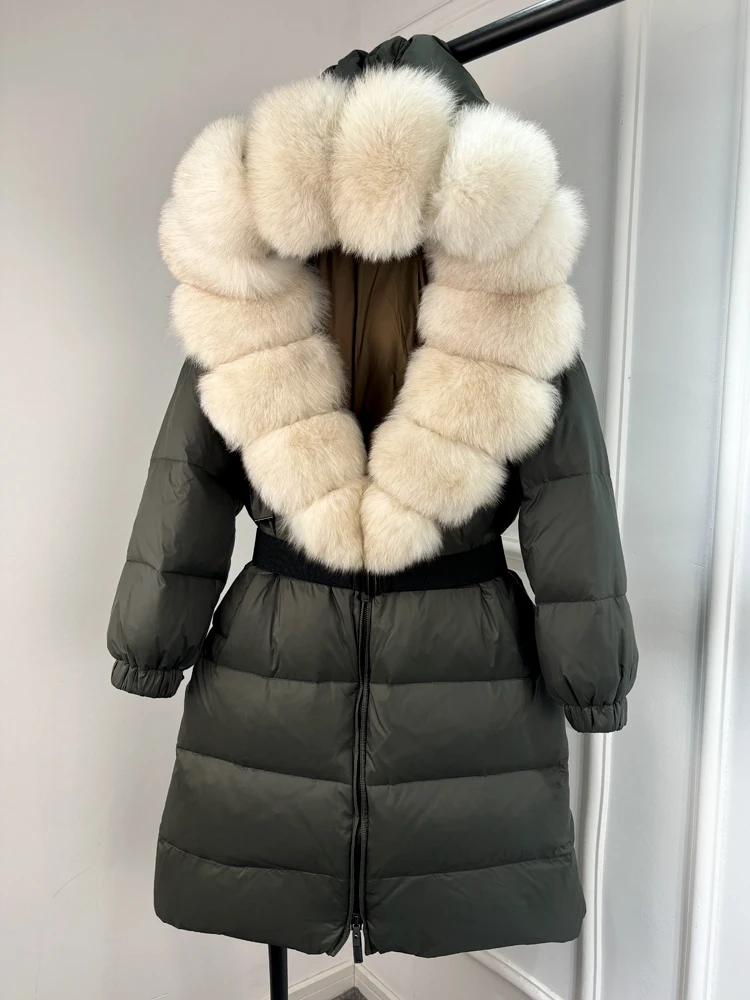 Janveny New Natural Thick Warm 90% White Duck Down Coat Long Winter Jacket Women Real Big Fox Fur Collar Belt Loose Puffer Parka 2
