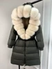 Janveny New Natural Thick Warm 90% White Duck Down Coat Long Winter Jacket Women Real Big Fox Fur Collar Belt Loose Puffer Parka 2