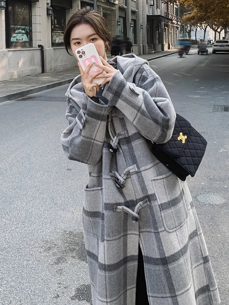 2023 Winter Casual Office Lady X-long Oversized Plaid Hooded Wool Jacket Women Outerwear Loose Long Sleeve Casual Warm Coat 2023 winter casual office lady x long oversized plaid hooded wool jacket women outerwear loose long sleeve casual warm coat