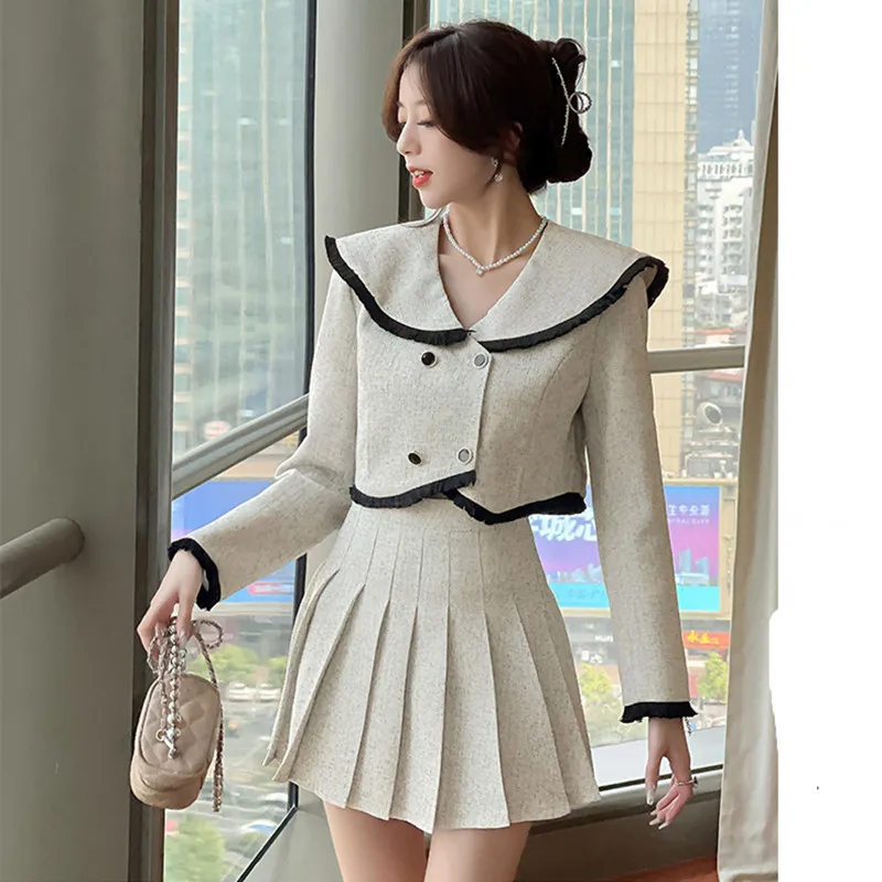 

Small Fragrance Tweed 2 Piece Set Women Bow Short Jacket Coat + Skirt Suits Korean Sweet Outfits French Vintage Two Piece Sets