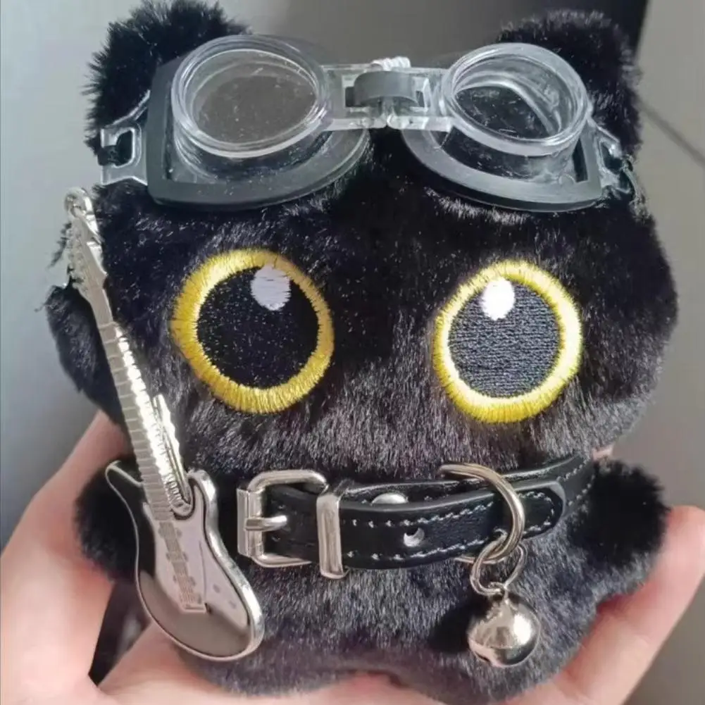 Black Cat Doll Pendant Punk Cute Rock Collar Guitar Plush Toy Holiday Birthday Gift Baby Pendant Keychain 15cm