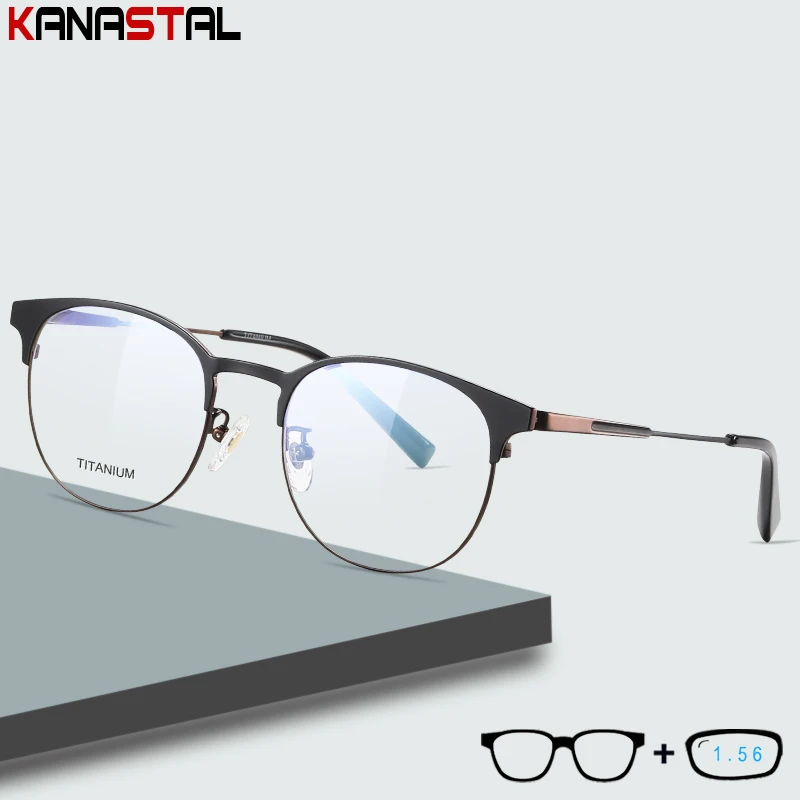 

Titanium Reading Glasses Men Round CR39 Lenses Prescription Optic Myopia Presbyopic Eyewear Blue Light Blocking Eyeglasses Frame