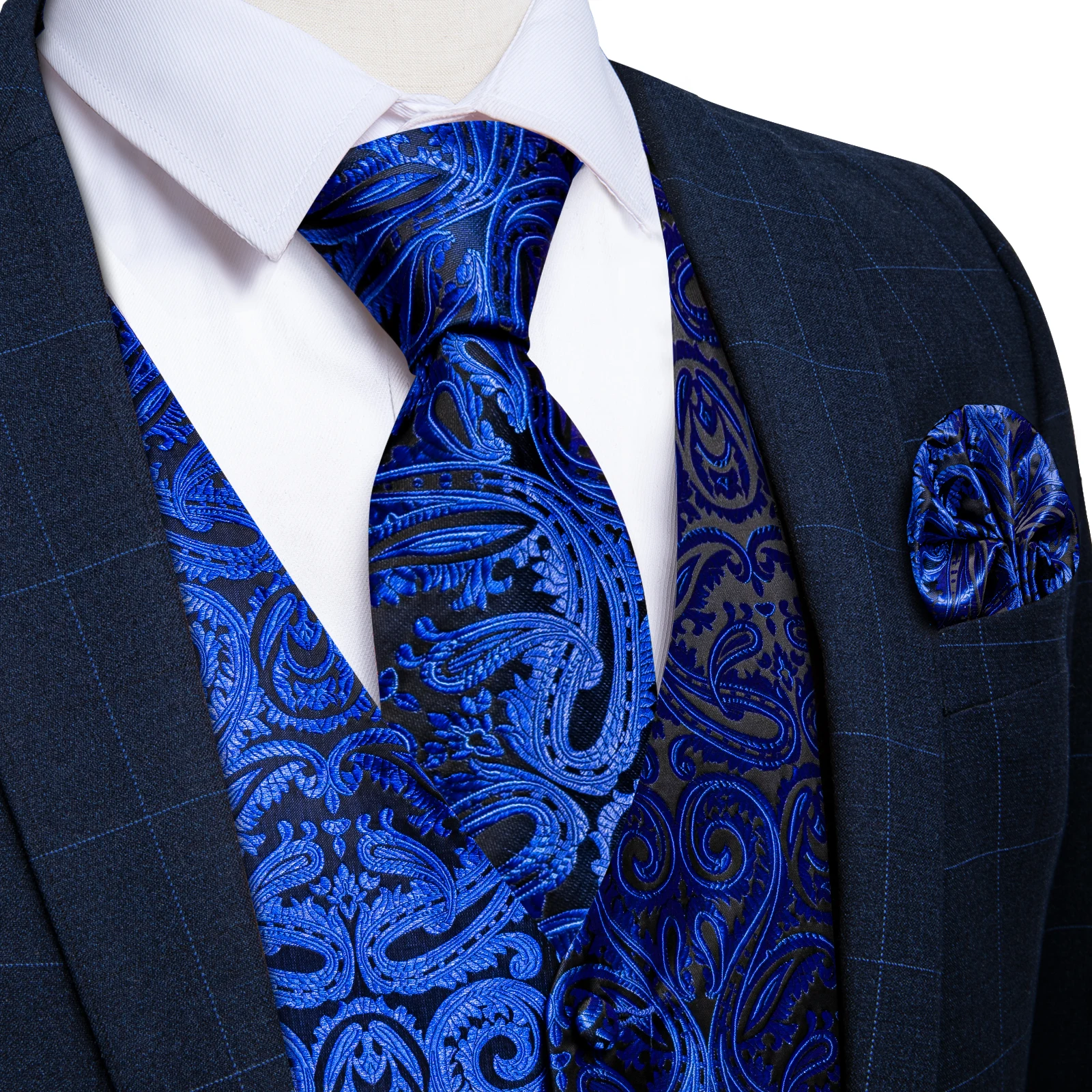 Luxury Men's Suit Vest Royal Blue Paisley Waistcoat with Neck Tie Handkerchief Cufflinks Wedding Prom Tuxedo Sleeves Vest 2