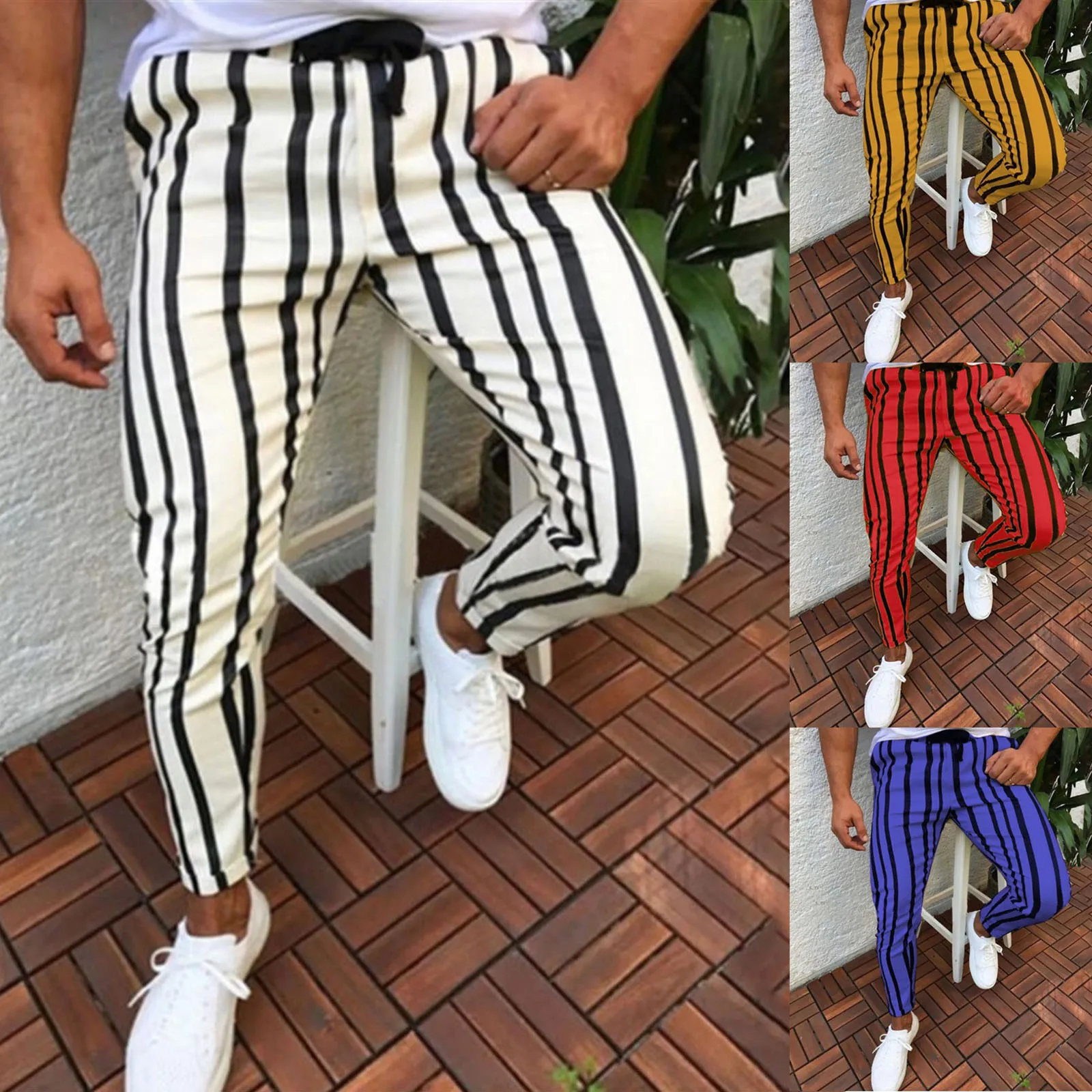

Striped Flexible Long Men Casual Pants Pocket Sports Elastic Waist Bodybuilding Man Trousers Y2k Clothes Gym Work Pantalones