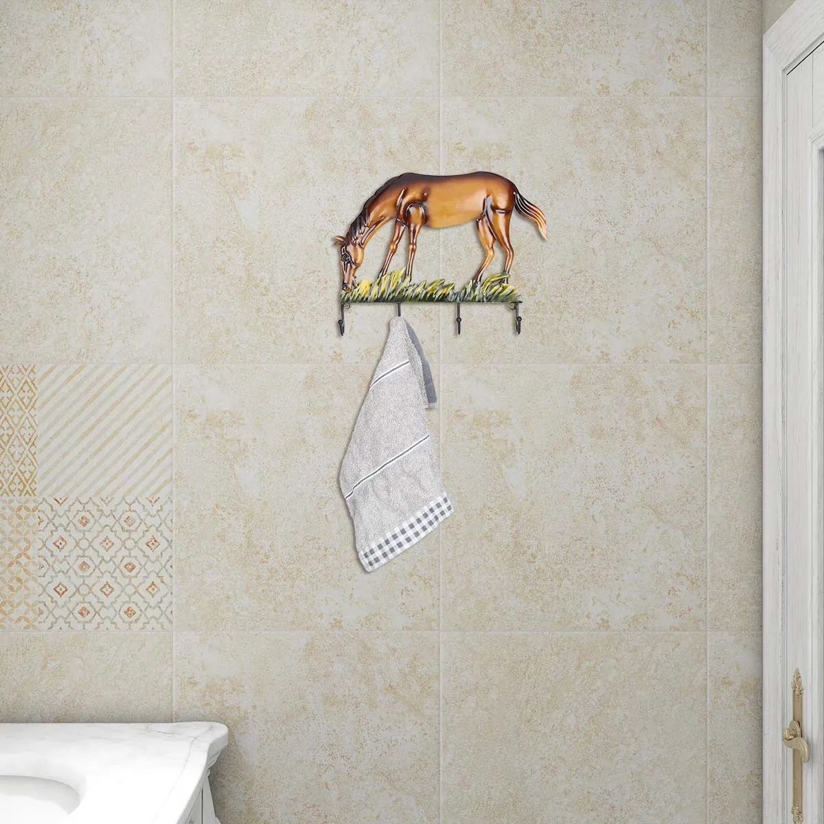 Tooarts Horse Wall Hook Decorative Iron Wall Hanger Wall Mounted Coat, Key, Hat Hook Vintage Design Hanger with 4 Hooks Screws