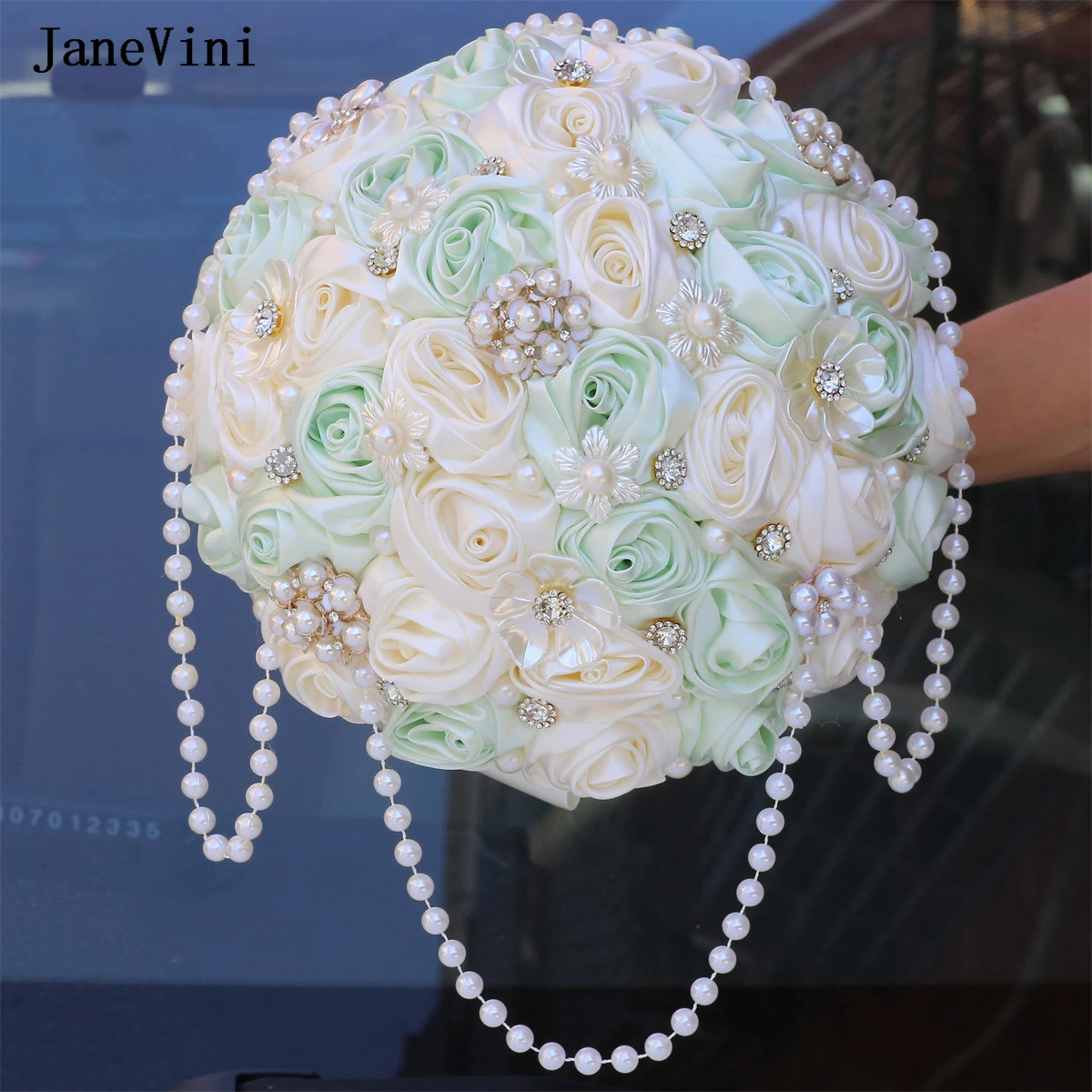 

JaneVini Customized Light Green Bride Flowers Luxury Crystal Bridal Bouquets Artificial Satin Roses Pearls Wedding Fake Bouquet
