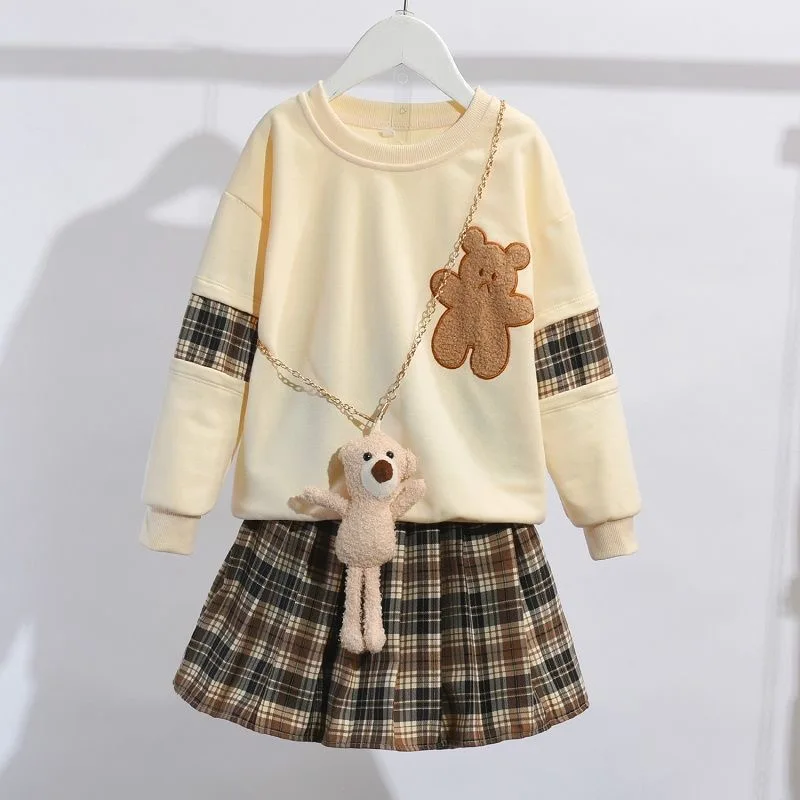 Girls Clothing Set Bear Sweatshirt Plaid Skirt 2Pcs 3-14 Years