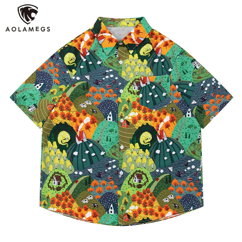 

Streetwear Men's Colorblock Cartoon Village Scene Graffiti Short Sleeve Shirt Oversized Lapel Button Hawaiian Shirts for Couple