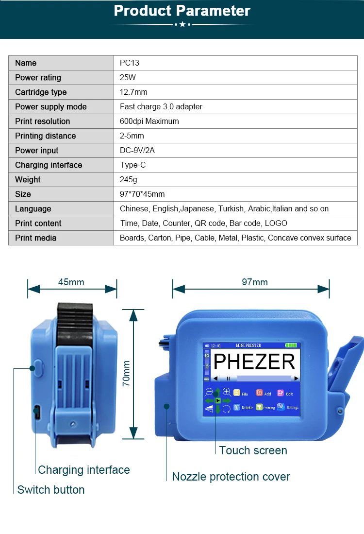 28 Languages12.7mm PC13plus Portable Mini Inkjet Printer QR Bar Batch Code Dat