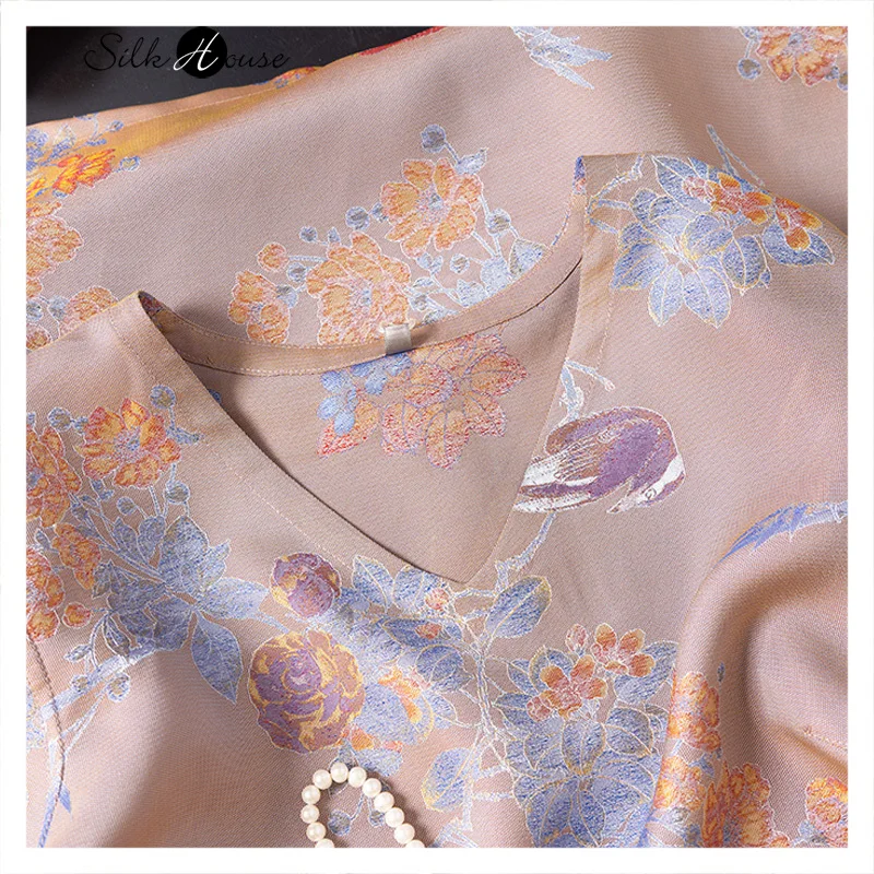 

Women's Fashion V-neck Decoration Neck Pink Print 100% Natural Mulberry Silk Song Brocade Different Color Luo Party Dress