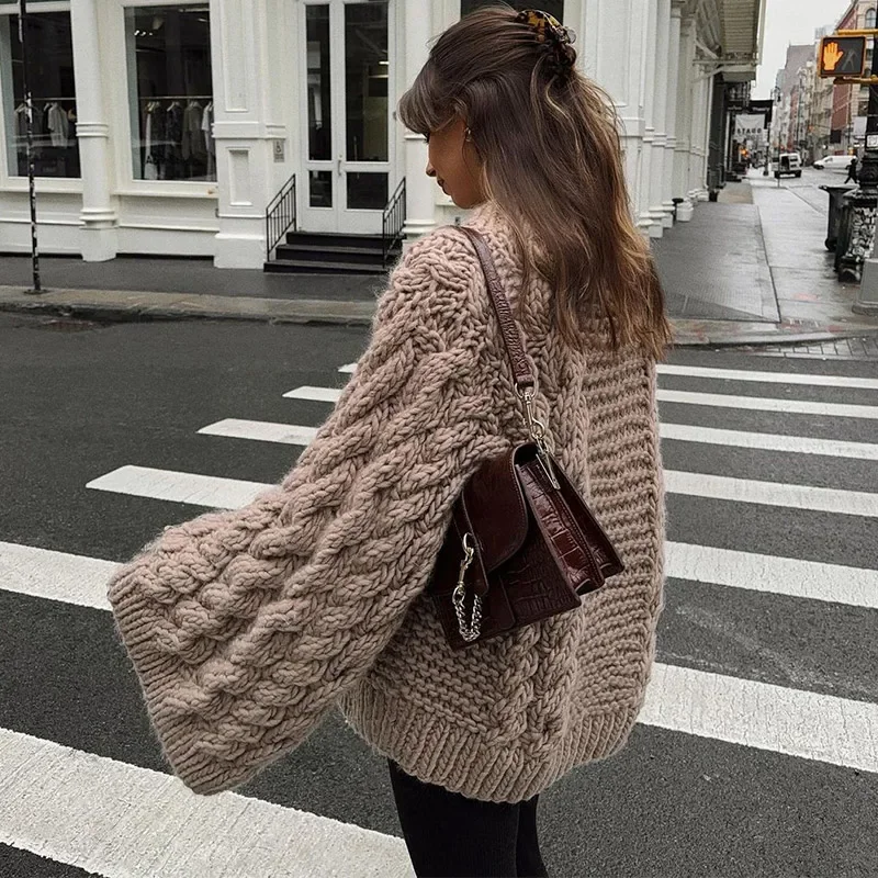 Knit Oversize High Neck Jumper Sweater Women Lazy Round Neck Ribbed Pullover Female Autumn Winter Thick Warm Lady Knitwear